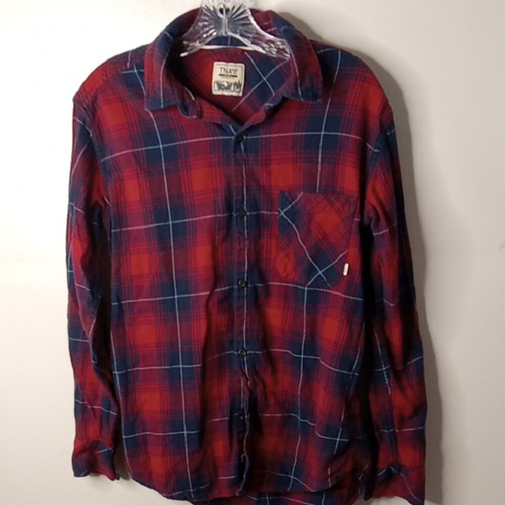 TNA Women's Size XS Red and Blue Plaid Flannel Button Down Shirt. Western